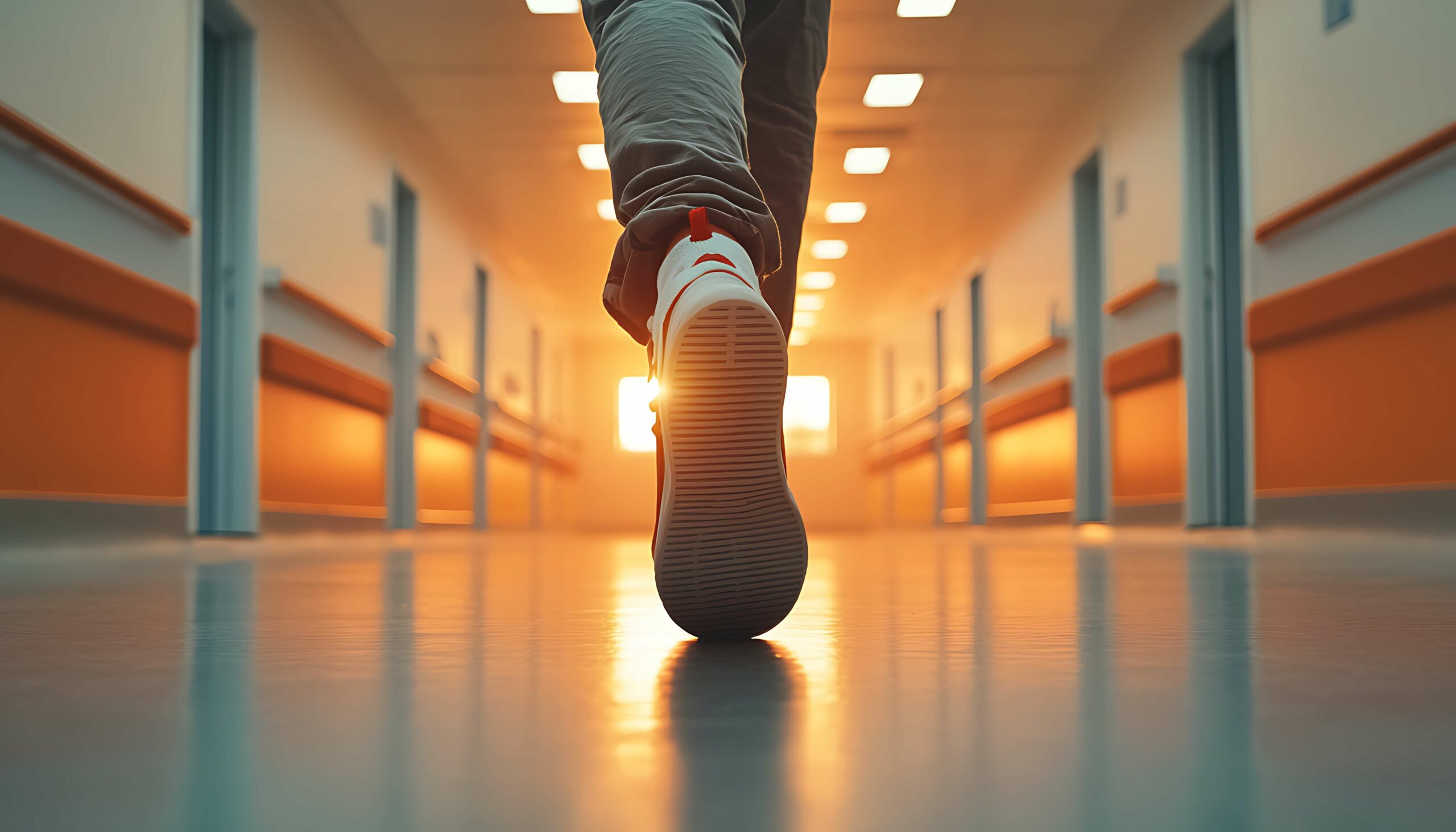 Infirmiers dans couloirs hospitaliers avec des baskets
